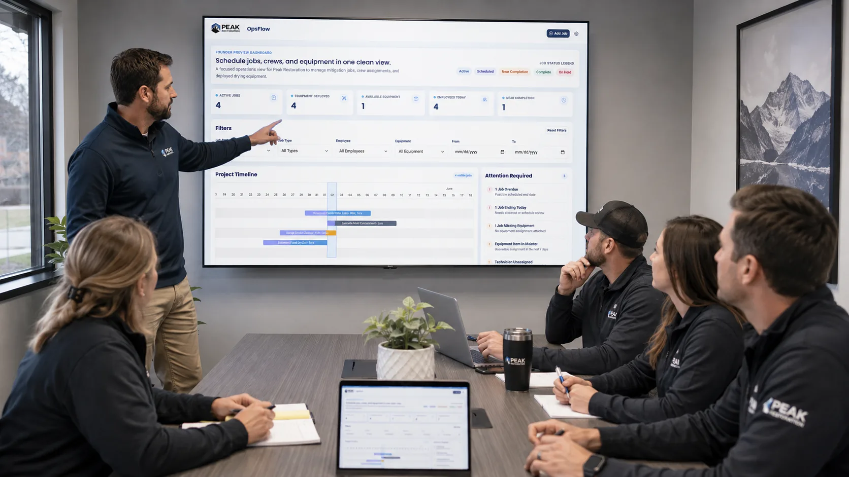 Restoration company team reviewing operations dashboard